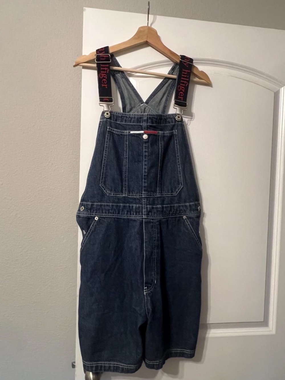 Vintage 90s Tommy Hilfiger Denim Shortalls with Logo Straps